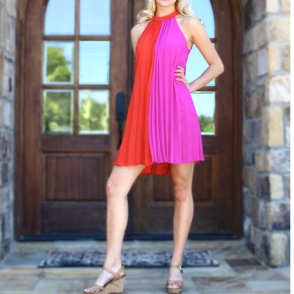 LAST ONE Fuchsia + Red Color Block Swing Dress - Picture 2 of 5